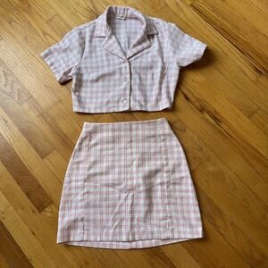 Brandy Melville J Galt Skirt Set Pink‎ White Plaid Crop Top Mini 2 pc Y2K Indie